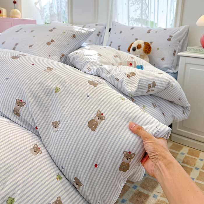 91家纺网 家纺一手货源 找家纺 竹合家纺 2025新款爆款韩国小布袋古法水洗云感四件套顽皮狗