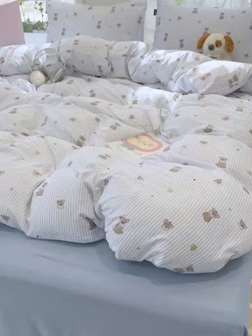 91家纺网 家纺一手货源 找家纺 竹合家纺 2025新款爆款韩国小布袋古法水洗云感四件套顽皮狗