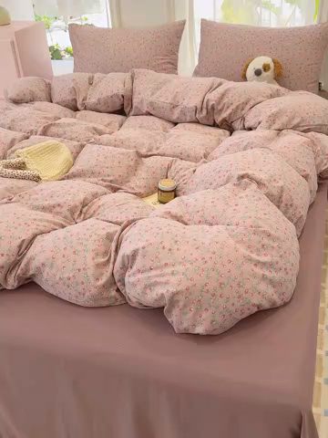 91家纺网 家纺一手货源 找家纺 竹合家纺 2025新款爆款韩国小布袋古法水洗云感四件套红果