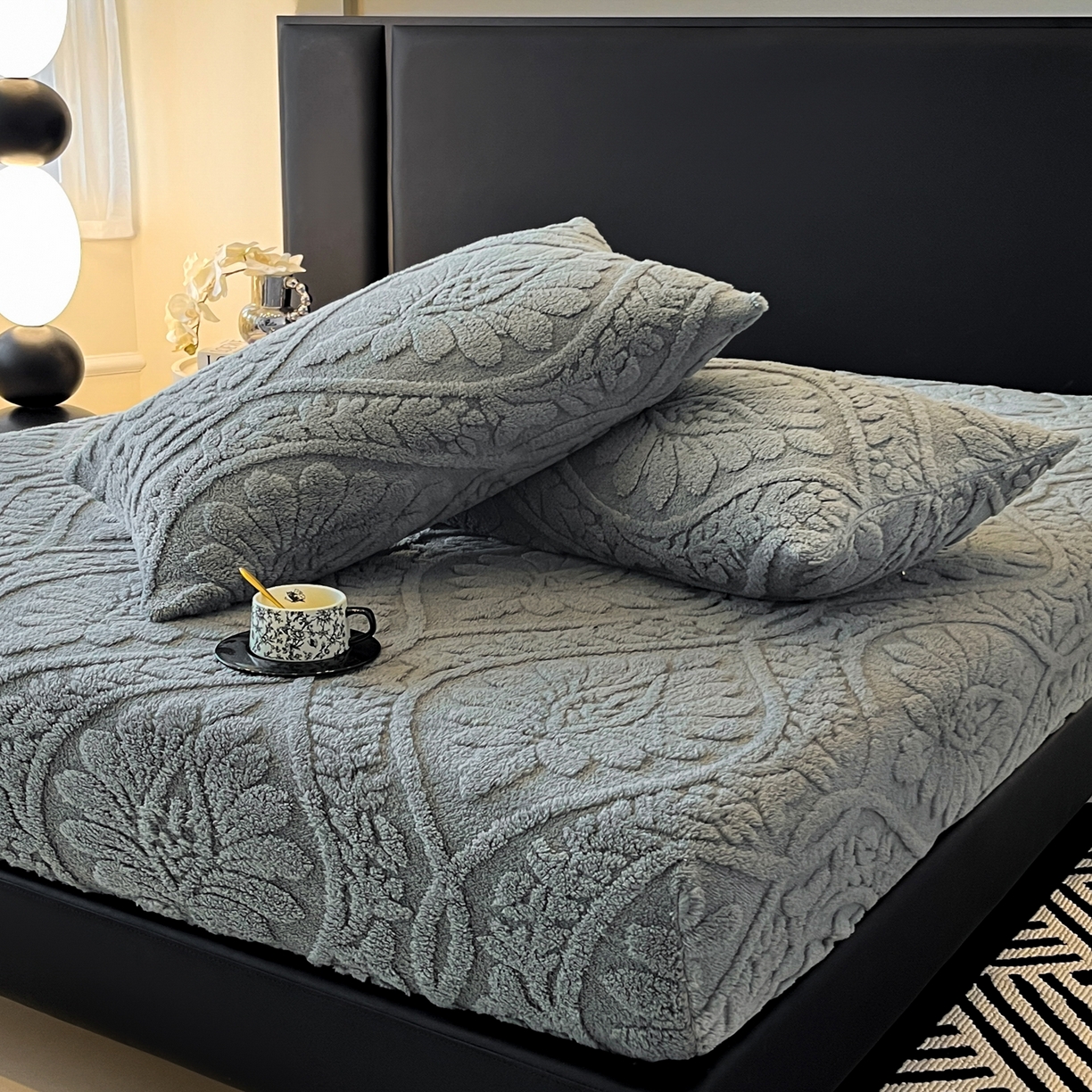 91家纺网 家纺一手货源 找家纺 乐家欣 2025新款提花塔芙绒床笠床笠单件单床笠-繁花系列 繁花-深灰