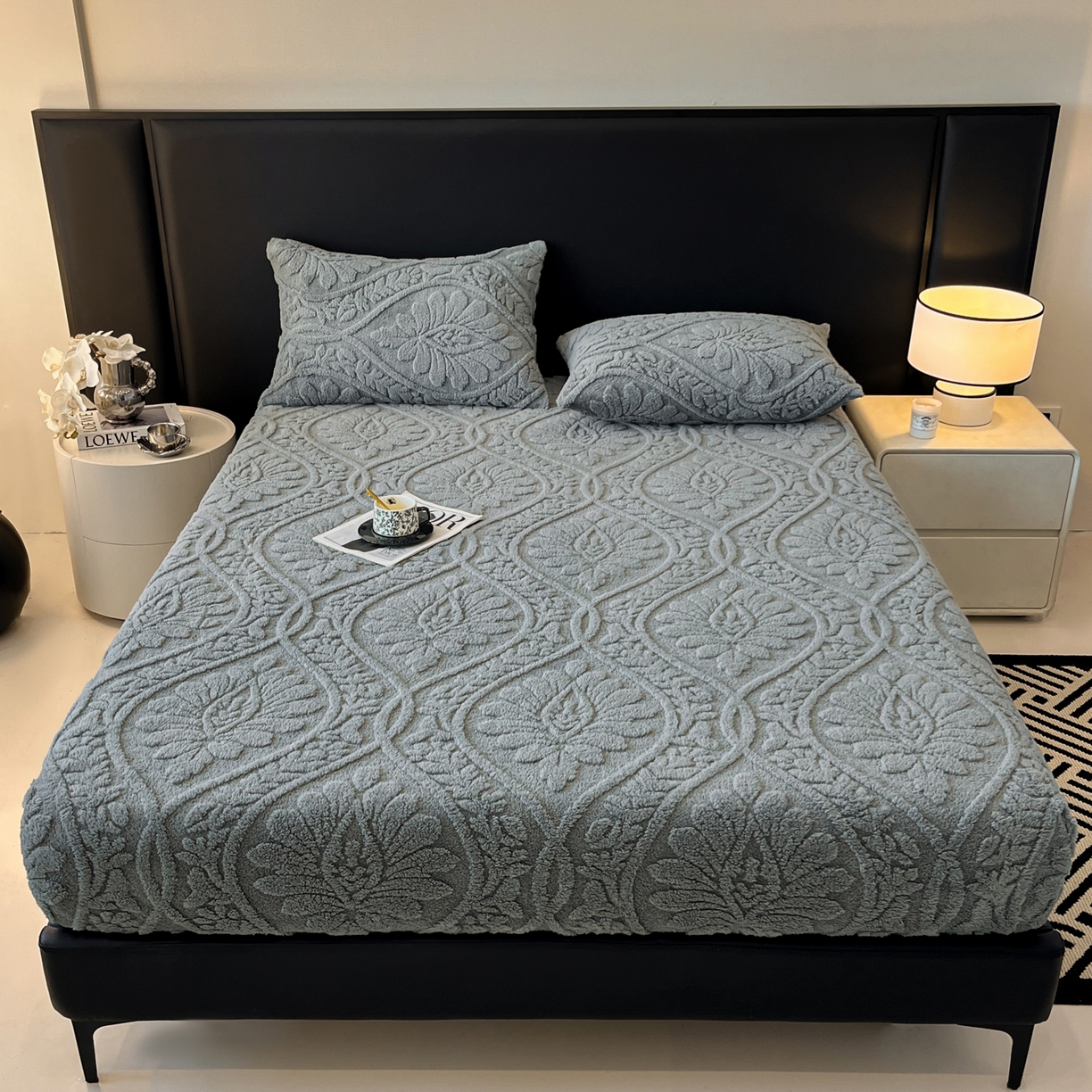 91家纺网 家纺一手货源 找家纺 乐家欣 2025新款提花塔芙绒床笠床笠单件单床笠-繁花系列 繁花-深灰