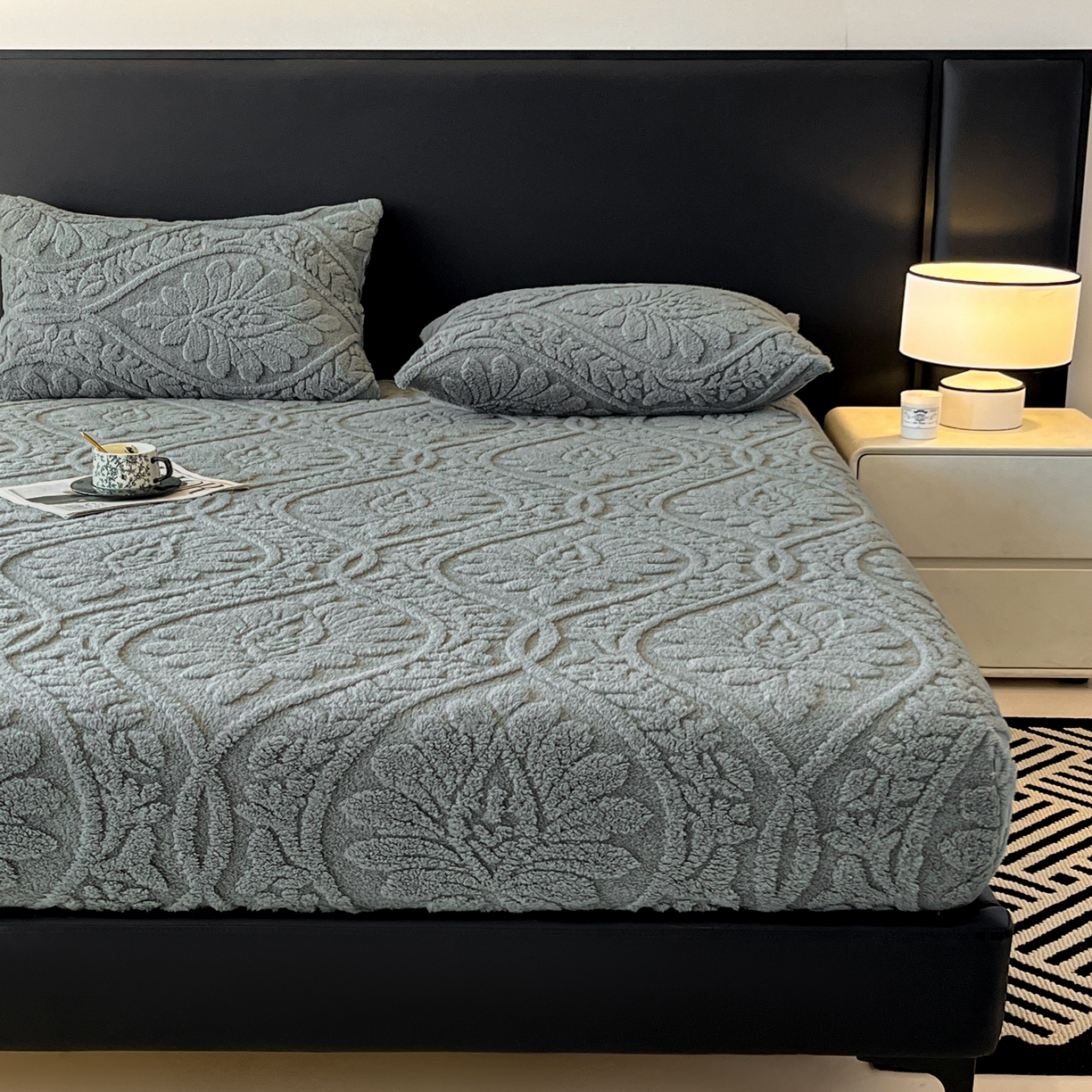 91家纺网 家纺一手货源 找家纺 乐家欣 2025新款提花塔芙绒床笠床笠单件单床笠-繁花系列 繁花-深灰