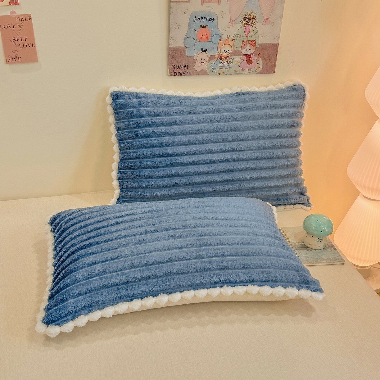 91家纺网 家纺一手货源 找家纺 眠势力 2025新款高克重毛毯抽条兔毛绒毯子多功能小球球加厚雪球盖毯 云朵雪球毯-蓝