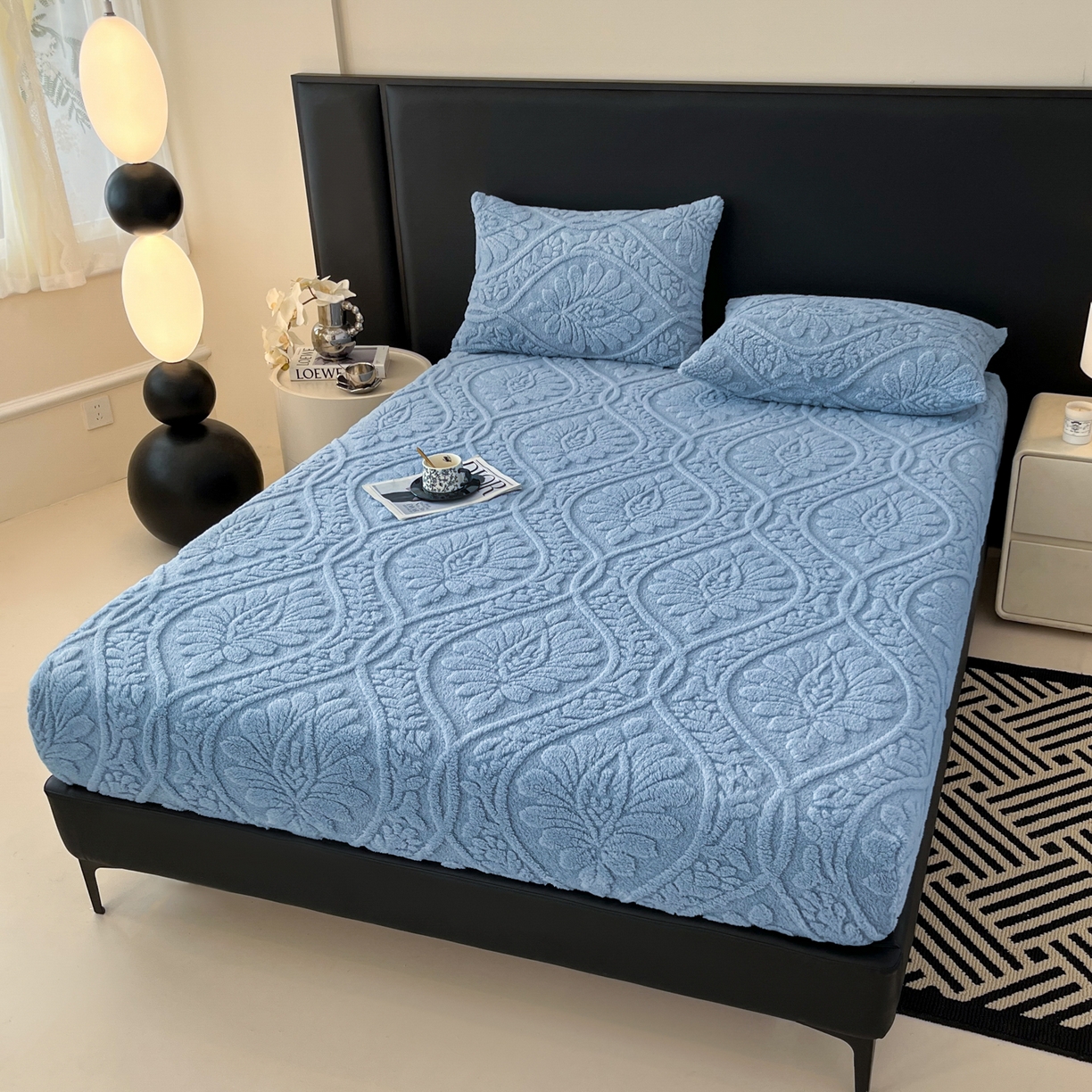 91家纺网 家纺一手货源 找家纺 乐家欣 2025新款提花塔芙绒床笠床笠单件单床笠-繁花系列 繁花-午夜蓝