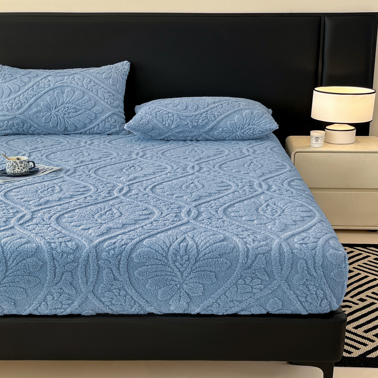 91家纺网 家纺一手货源 找家纺 乐家欣 2025新款提花塔芙绒床笠床笠单件单床笠-繁花系列 繁花-午夜蓝