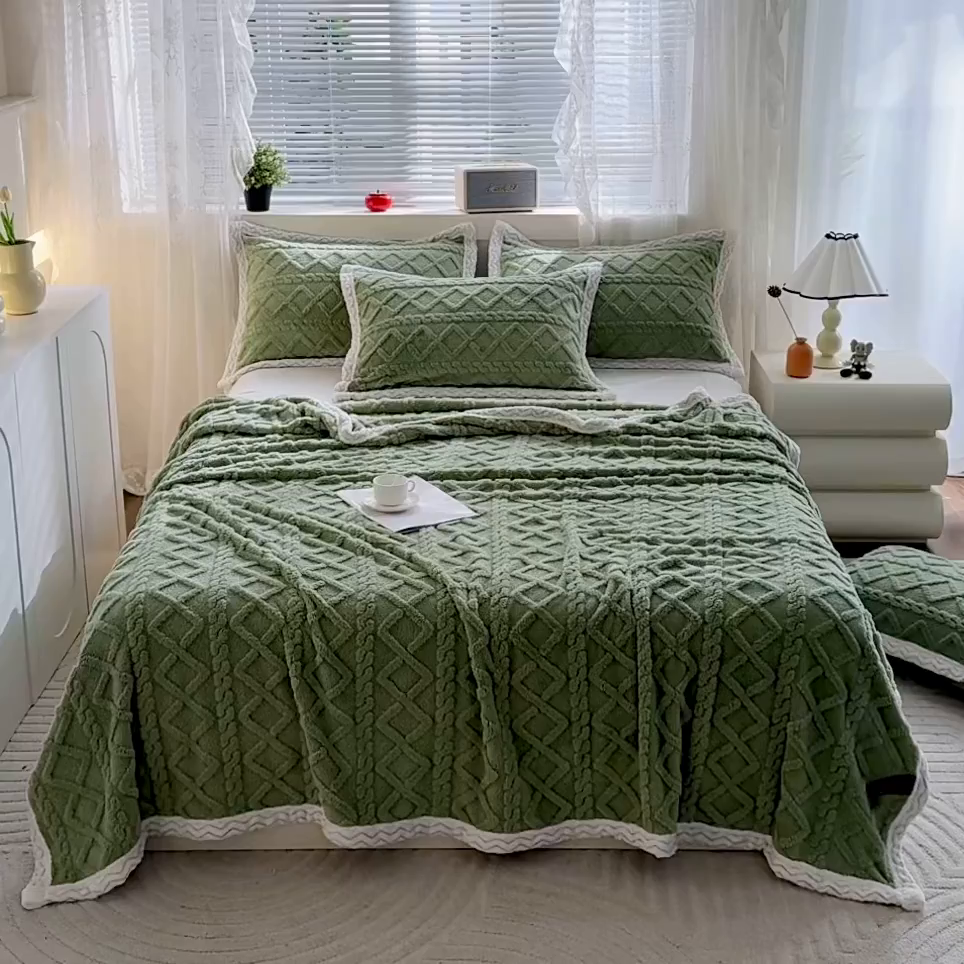 91家纺网 家纺一手货源 找家纺 栩裕纺织 2025新款双面塔芙绒毛毯家用毯子包边款 塔夫绒-抹茶绿