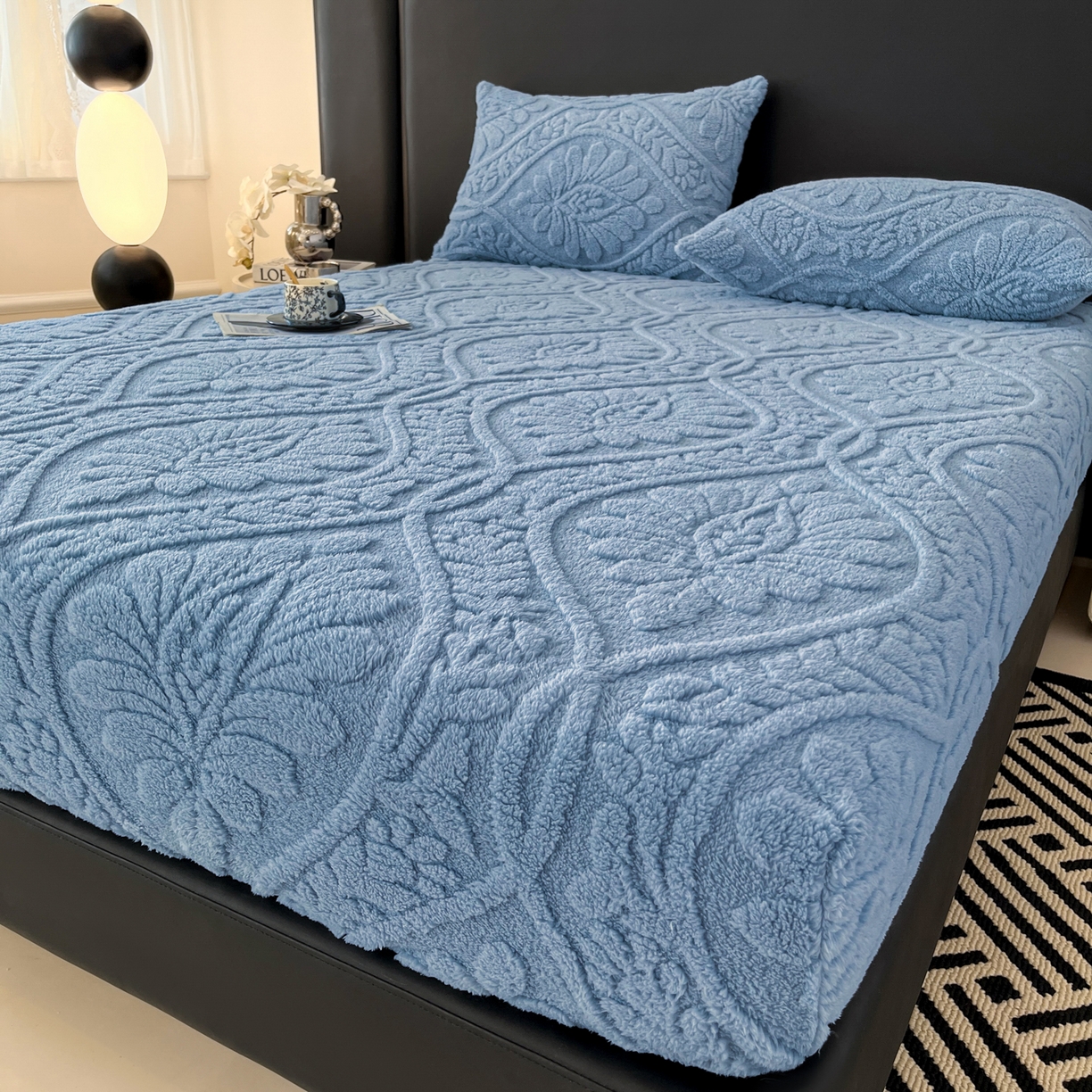 91家纺网 家纺一手货源 找家纺 乐家欣 2025新款提花塔芙绒床笠床笠单件单床笠-繁花系列 繁花-午夜蓝