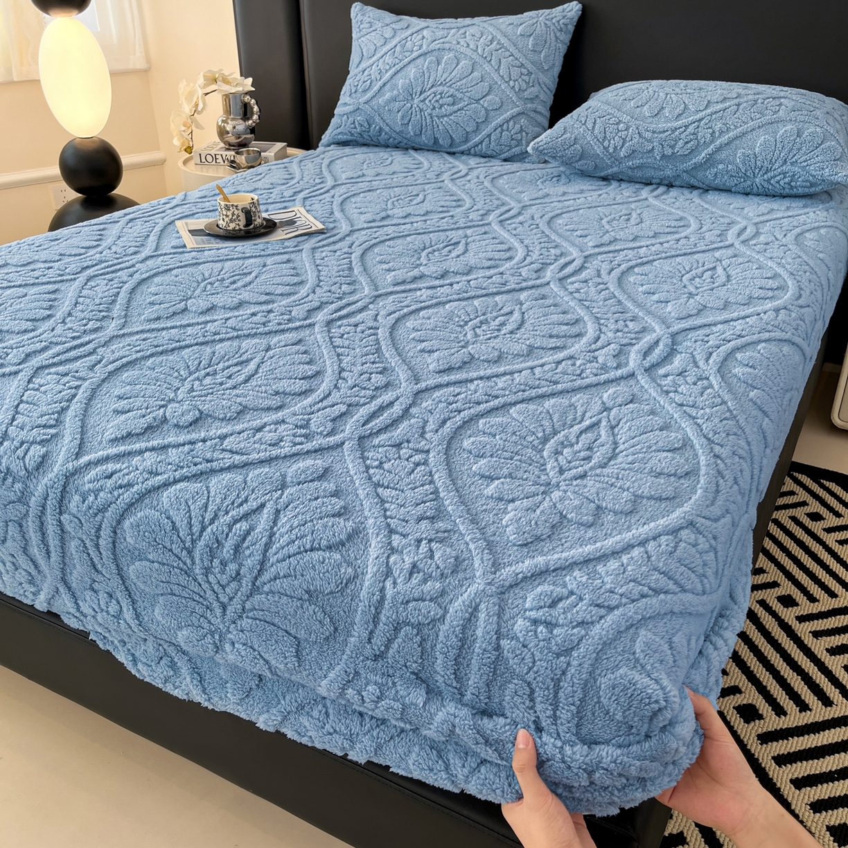 91家纺网 家纺一手货源 找家纺 乐家欣 2025新款提花塔芙绒床笠床笠单件单床笠-繁花系列 繁花-午夜蓝