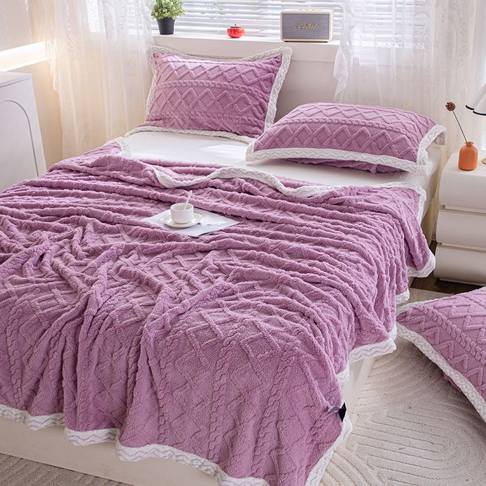 91家纺网 家纺一手货源 找家纺 栩裕纺织 2025新款双面塔芙绒毛毯家用毯子包边款 塔夫绒-莫奈紫