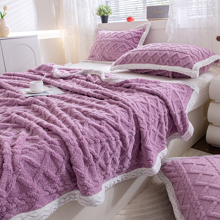 91家纺网 家纺一手货源 找家纺 栩裕纺织 2025新款双面塔芙绒毛毯家用毯子包边款 塔夫绒-莫奈紫