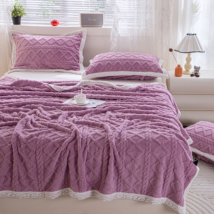 91家纺网 家纺一手货源 找家纺 栩裕纺织 2025新款双面塔芙绒毛毯家用毯子包边款 塔夫绒-莫奈紫