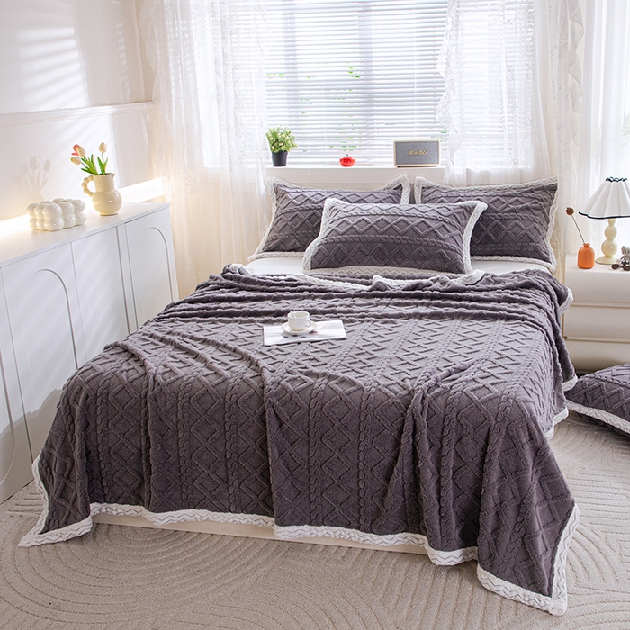 91家纺网 家纺一手货源 找家纺 栩裕纺织 2025新款双面塔芙绒毛毯家用毯子包边款 塔夫绒-深灰