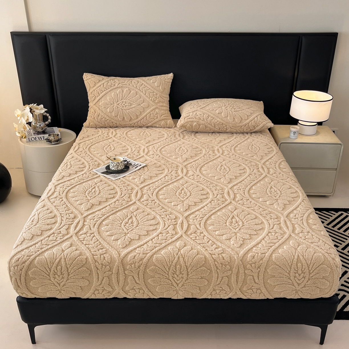 91家纺网 家纺一手货源 找家纺 乐家欣 2025新款提花塔芙绒床笠床笠单件单床笠-繁花系列 繁花-香槟咖