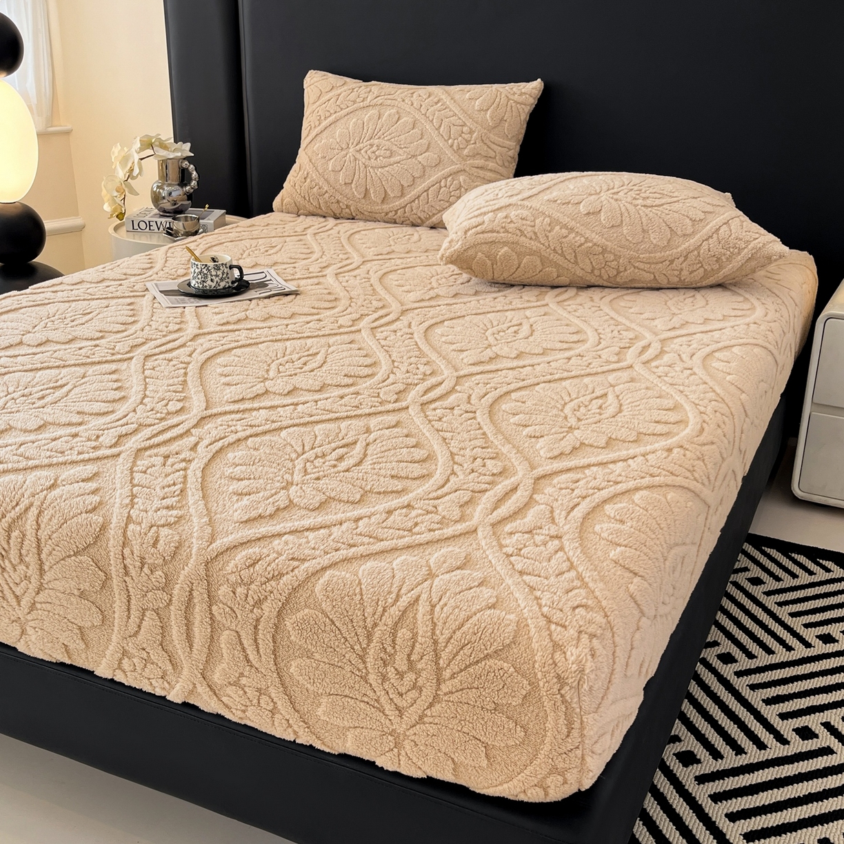 91家纺网 家纺一手货源 找家纺 乐家欣 2025新款提花塔芙绒床笠床笠单件单床笠-繁花系列 繁花-香槟咖