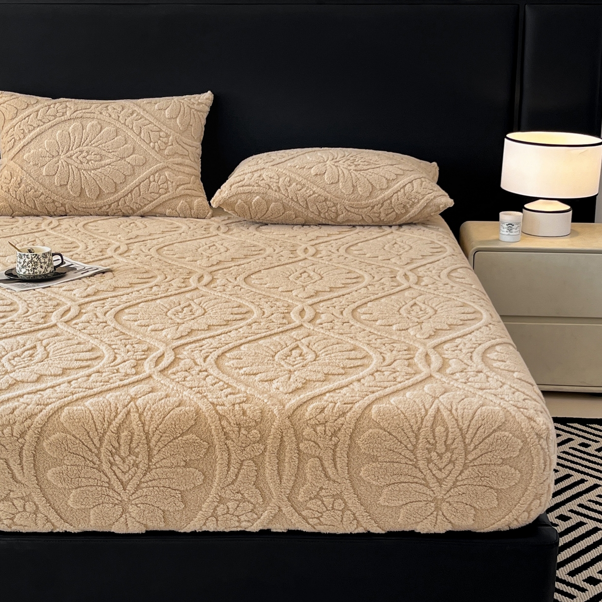 91家纺网 家纺一手货源 找家纺 乐家欣 2025新款提花塔芙绒床笠床笠单件单床笠-繁花系列 繁花-香槟咖