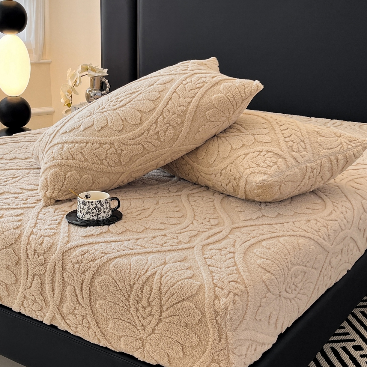 91家纺网 家纺一手货源 找家纺 乐家欣 2025新款提花塔芙绒床笠床笠单件单床笠-繁花系列 繁花-香槟咖