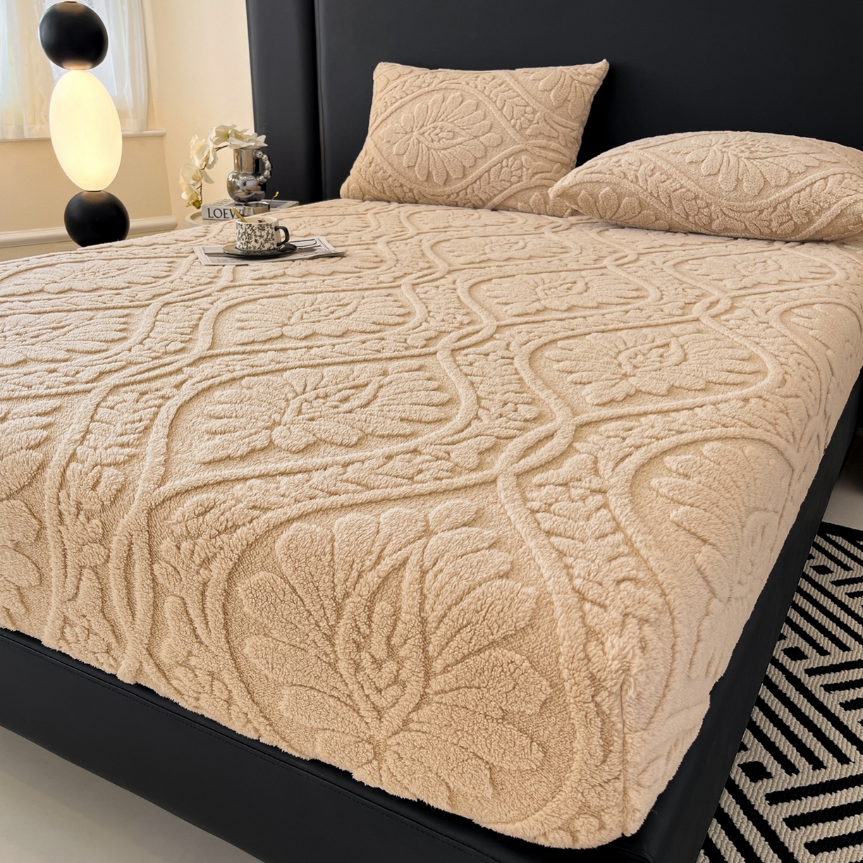 91家纺网 家纺一手货源 找家纺 乐家欣 2025新款提花塔芙绒床笠床笠单件单床笠-繁花系列 繁花-香槟咖