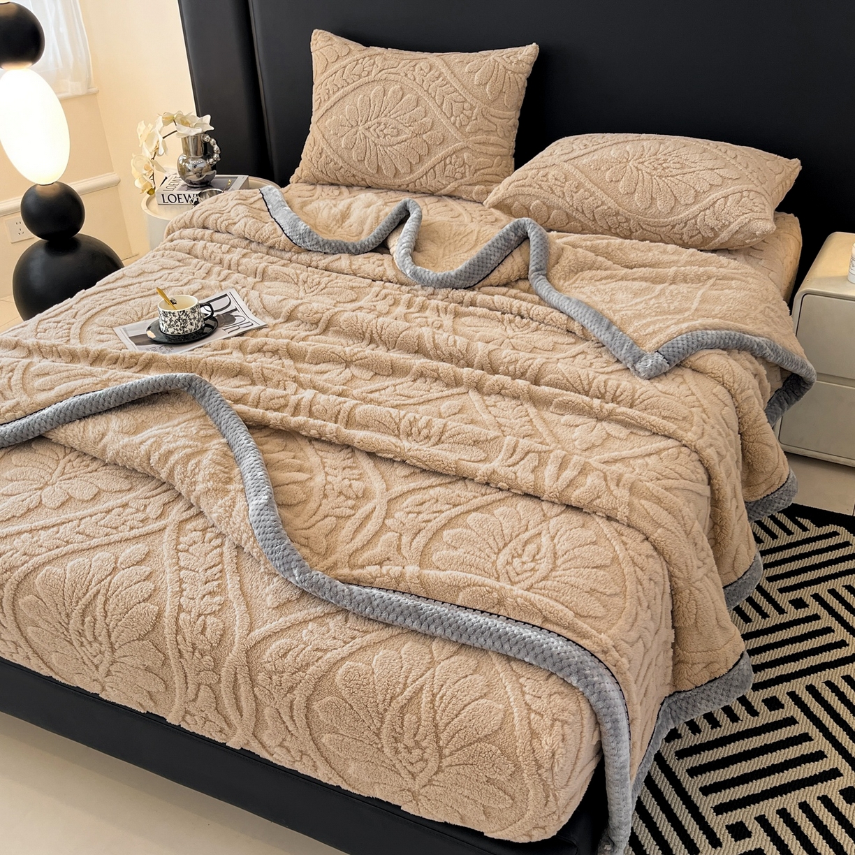 91家纺网 家纺一手货源 找家纺 乐家欣 2025新款提花塔芙绒床笠床笠单件单床笠-繁花系列 繁花-香槟咖