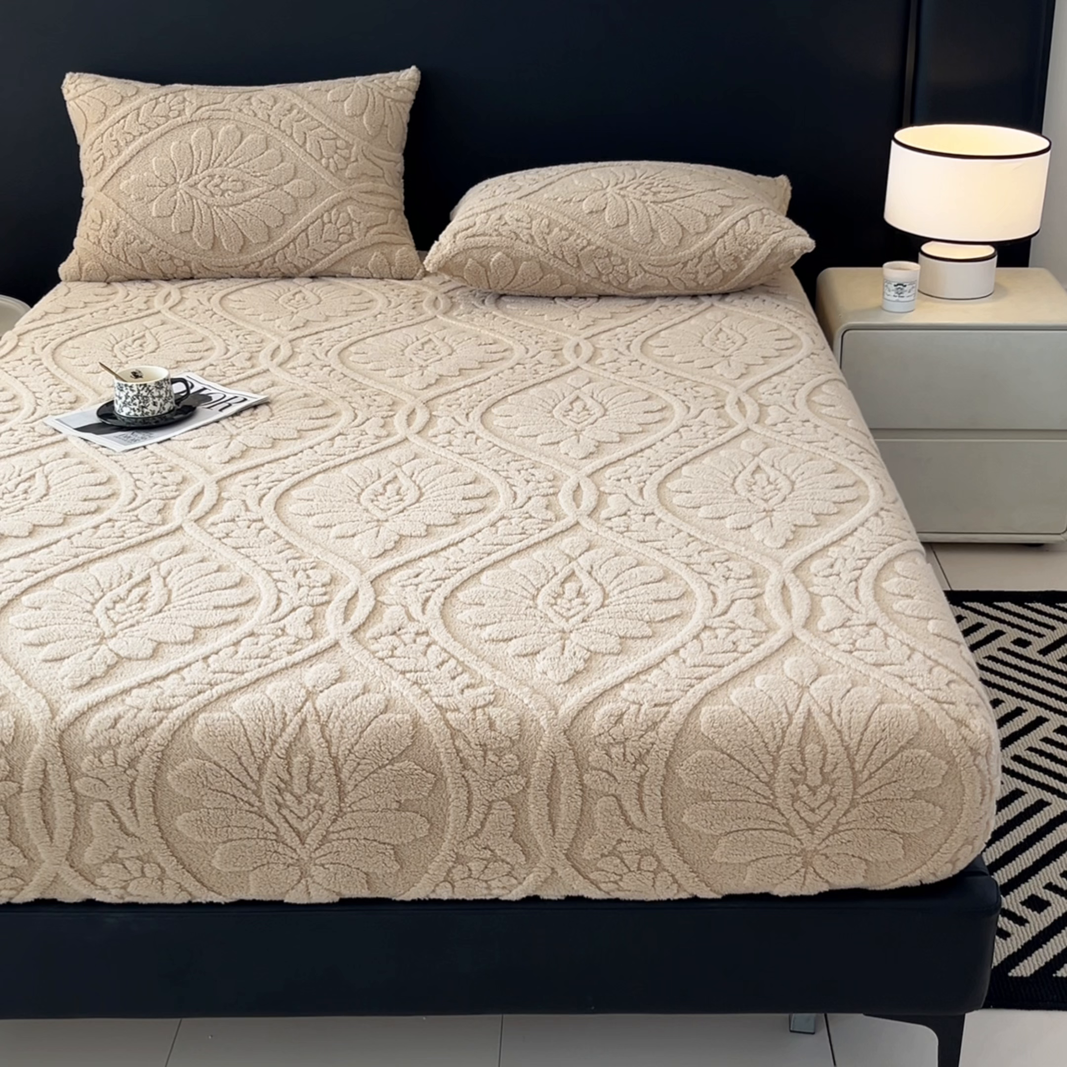 91家纺网 家纺一手货源 找家纺 乐家欣 2025新款提花塔芙绒床笠床笠单件单床笠-繁花系列 繁花-香槟咖