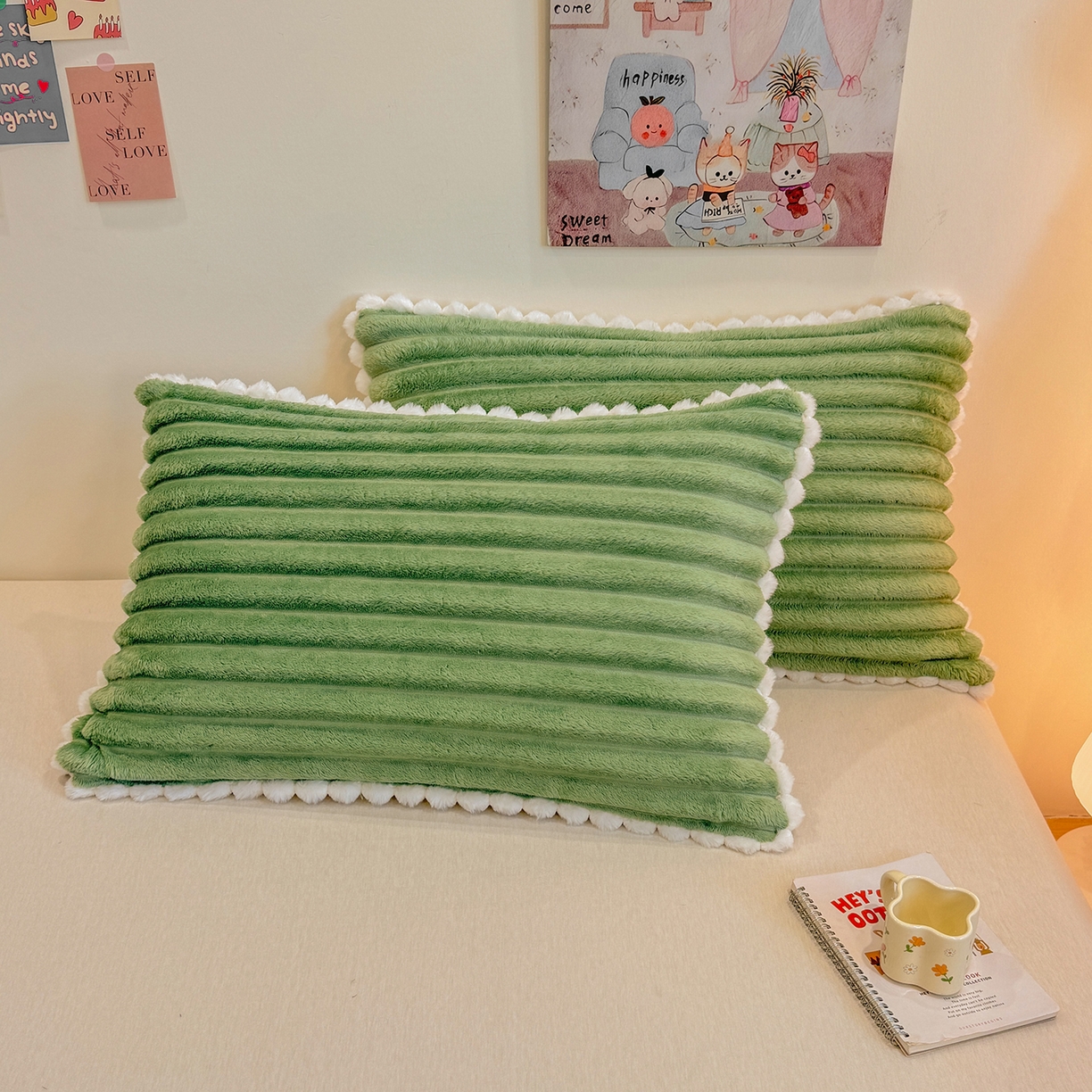 91家纺网 家纺一手货源 找家纺 眠势力 2025新款高克重牛奶绒球球枕套抽条兔毛绒小毛球加厚雪球枕头套拉链款 云朵雪球毯-绿