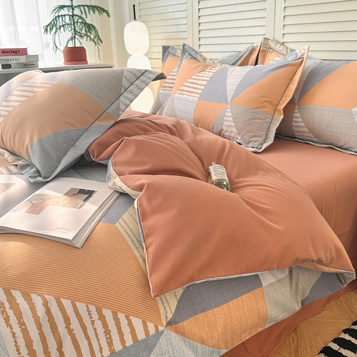 91家纺网 家纺一手货源 找家纺 2025新款全棉磨毛印花单品被套 创意几何-桔