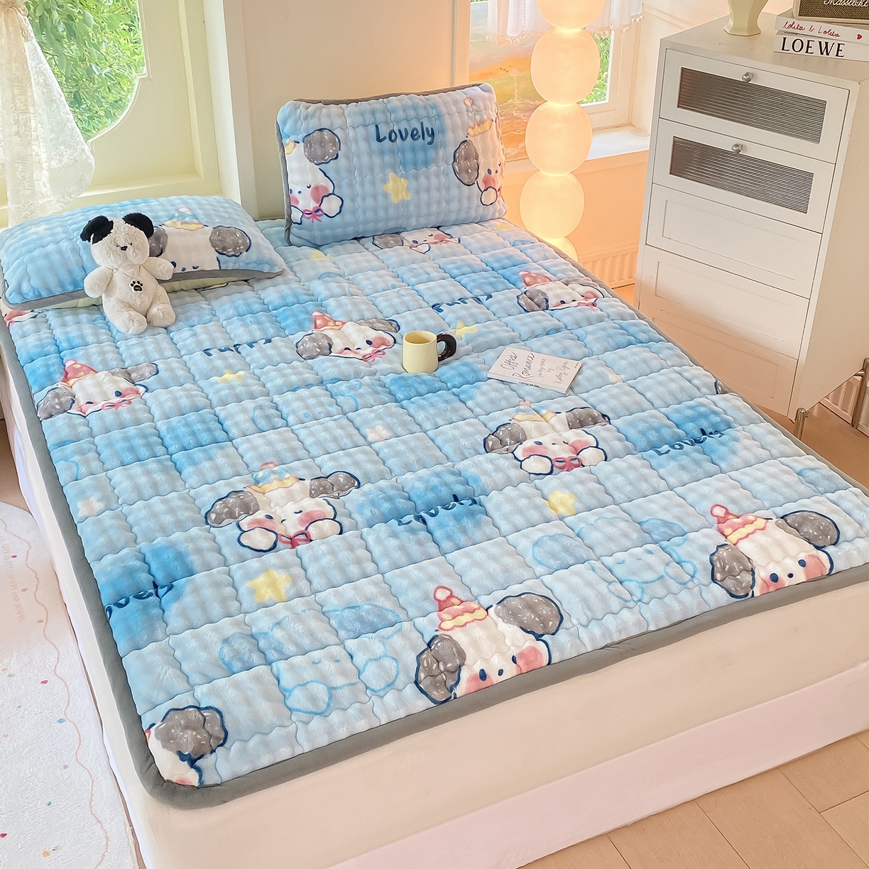 91家纺网 家纺一手货源 找家纺 眠势力 2025新款牛奶绒泡泡床垫加绒仿兔毛绒床褥子秋冬保暖珊瑚绒夹棉床护垫 趴趴狗