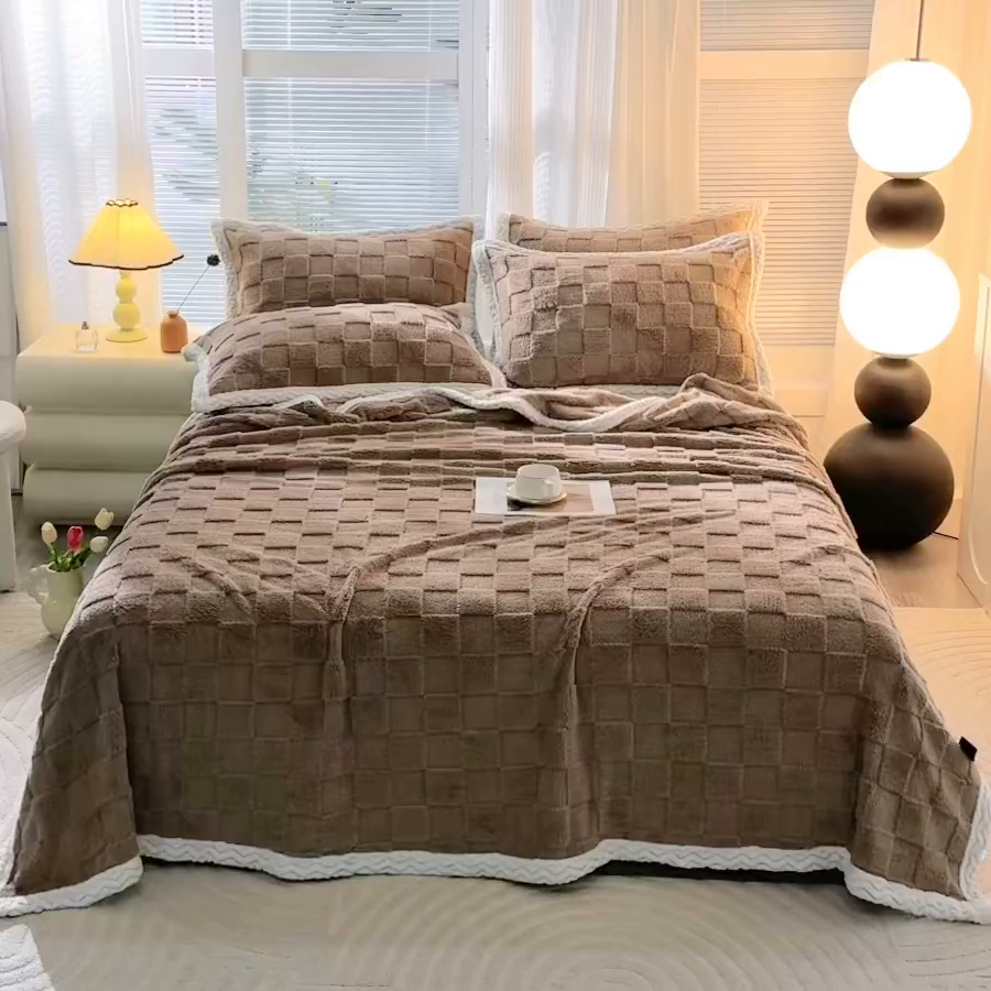 91家纺网 家纺一手货源 找家纺 栩裕纺织 2025新款意大利面包格毛毯-包边款 面包格包边款-咖色