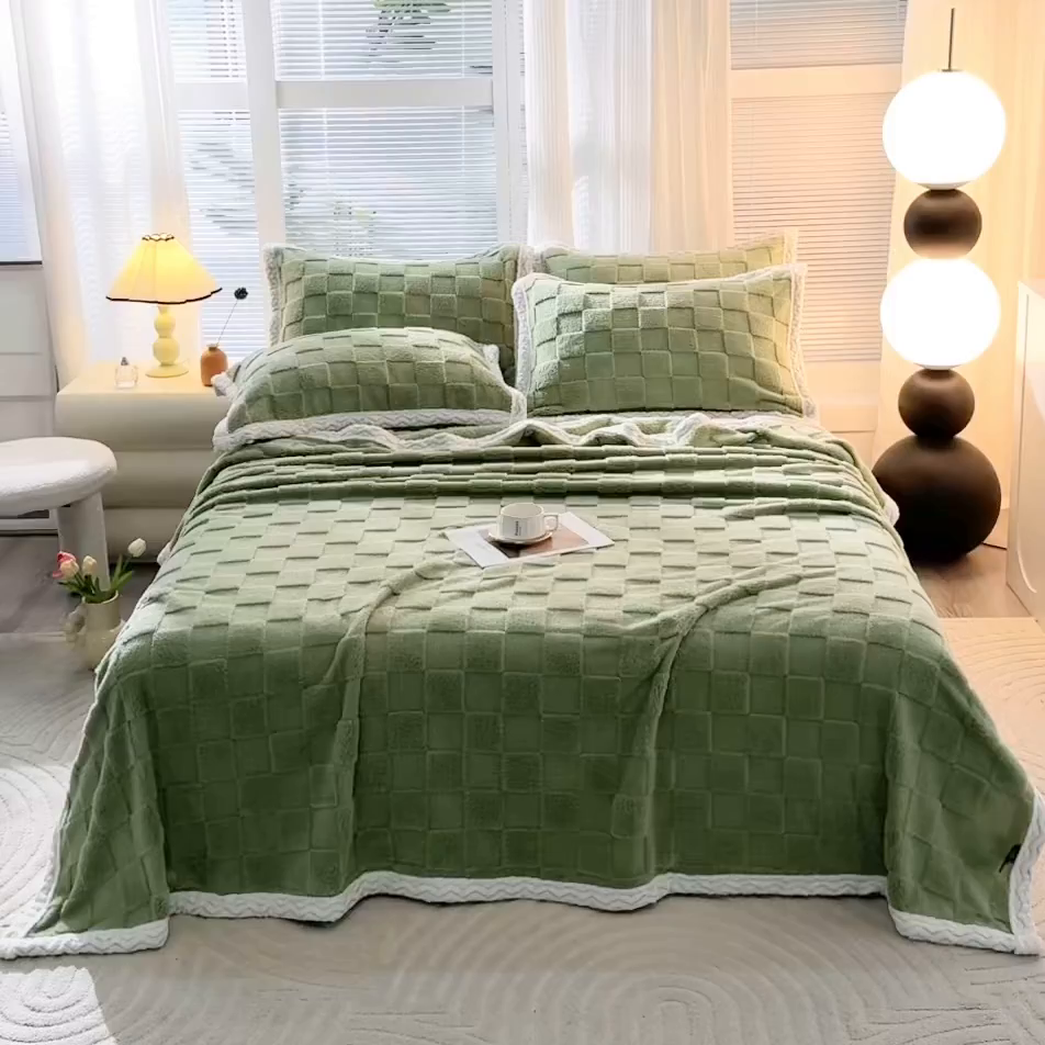 91家纺网 家纺一手货源 找家纺 栩裕纺织 2025新款意大利面包格毛毯-包边款 面包格包边款-抹茶绿