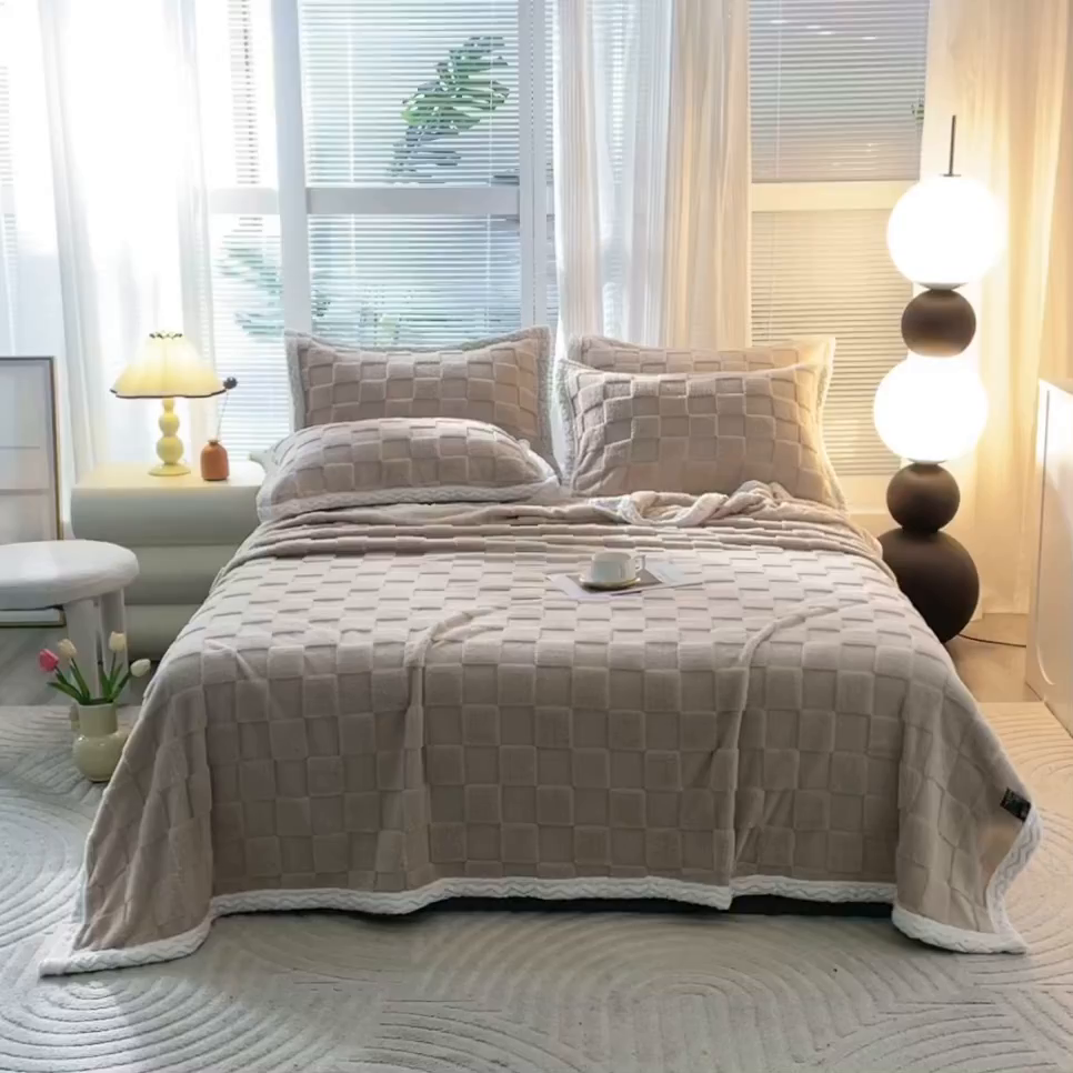 91家纺网 家纺一手货源 找家纺 栩裕纺织 2025新款意大利面包格毛毯-包边款 面包格包边款-浅卡其