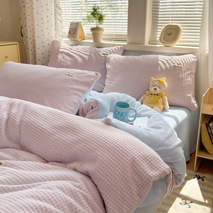 十里居 2025新款lns奶油双拼华夫格烂花牛奶绒四件套 华夫格系列 华夫格-粉蓝