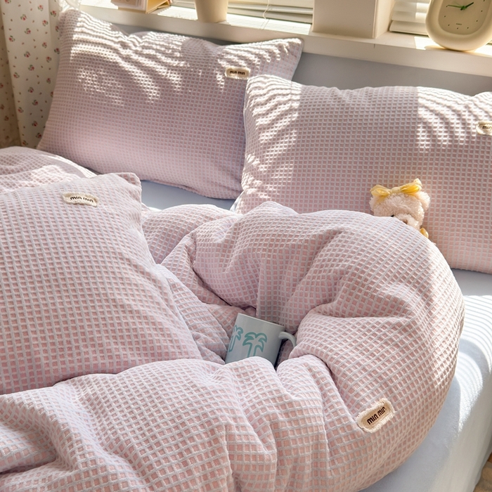 91家纺网 家纺一手货源 找家纺 十里居 2025新款lns奶油双拼华夫格烂花牛奶绒四件套 华夫格系列 华夫格-粉蓝