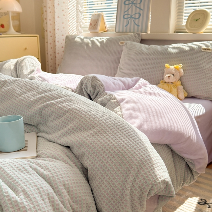 十里居 2025新款lns奶油双拼华夫格烂花牛奶绒四件套 华夫格系列 华夫格-绿紫