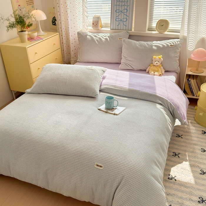 91家纺网 家纺一手货源 找家纺 十里居 2025新款lns奶油双拼华夫格烂花牛奶绒四件套 华夫格系列 华夫格-绿紫