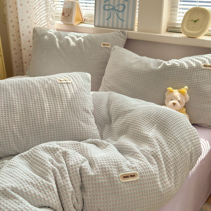 91家纺网 家纺一手货源 找家纺 十里居 2025新款lns奶油双拼华夫格烂花牛奶绒四件套 华夫格系列 华夫格-绿紫