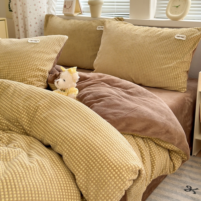 十里居 2025新款lns奶油双拼华夫格烂花牛奶绒四件套 华夫格系列 华夫格-奶咖