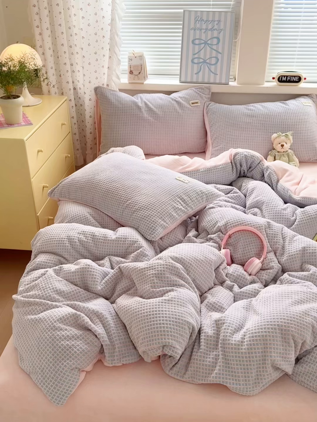 91家纺网 家纺一手货源 找家纺 十里居 2025新款lns奶油双拼华夫格烂花牛奶绒四件套 华夫格系列 华夫格-紫粉