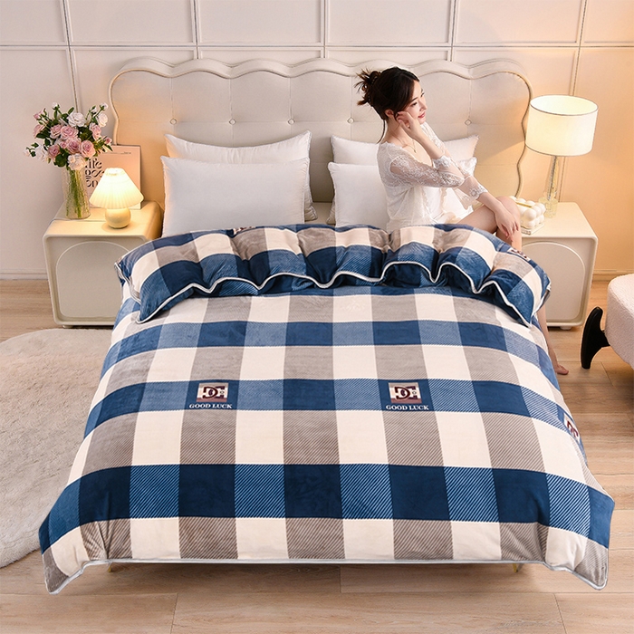 91家纺网 家纺一手货源 找家纺 眠多宝 2025新款定做特厚牛奶绒单被套可定制尺寸法莱绒水晶绒金貂绒被罩单被套 被套单件 蓝大格