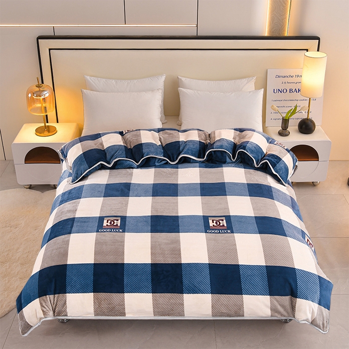 91家纺网 家纺一手货源 找家纺 眠多宝 2025新款定做特厚牛奶绒单被套可定制尺寸法莱绒水晶绒金貂绒被罩单被套 被套单件 蓝大格