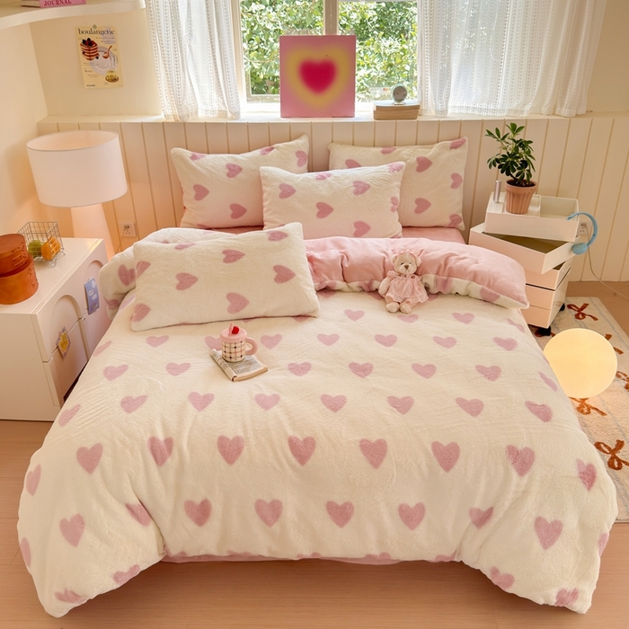 十里居 2025新款lns爱心系列兔毛牛奶绒四件套 爱心系列 爱心-粉