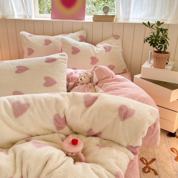 91家纺网 家纺一手货源 找家纺 十里居 2025新款lns爱心系列兔毛牛奶绒四件套 爱心系列 爱心-粉