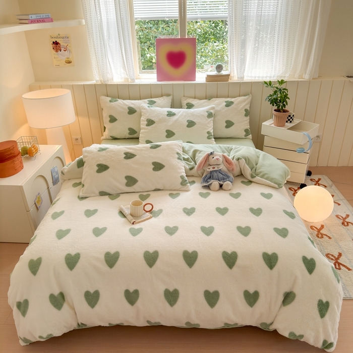 十里居 2025新款lns爱心系列兔毛牛奶绒四件套 爱心系列 爱心-绿