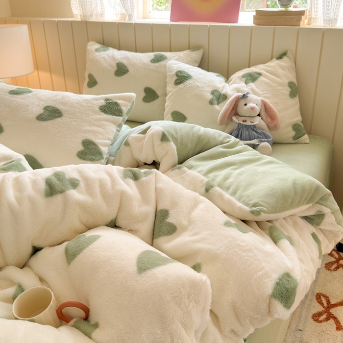 91家纺网 家纺一手货源 找家纺 十里居 2025新款lns爱心系列兔毛牛奶绒四件套 爱心系列 爱心-绿