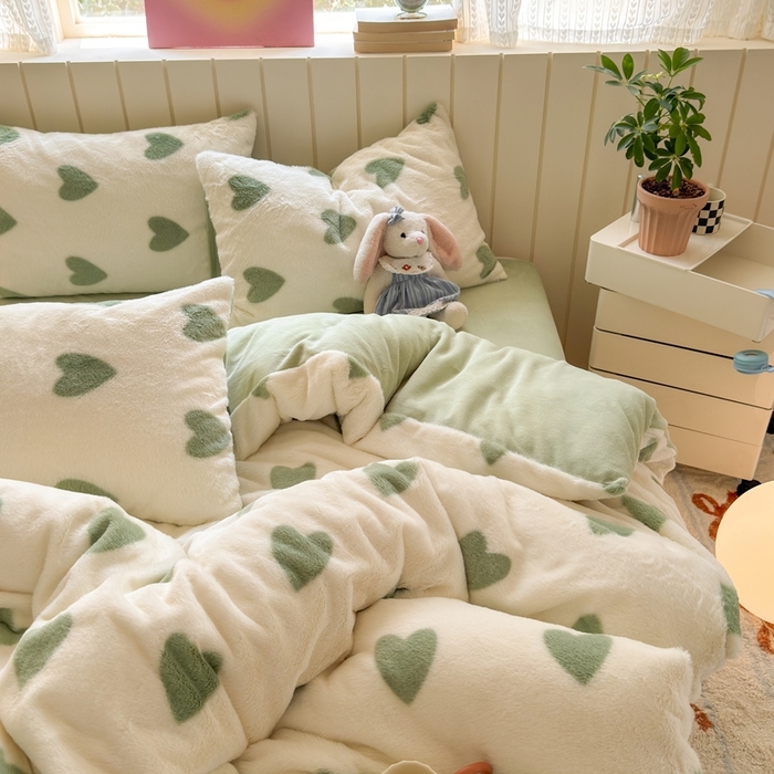 91家纺网 家纺一手货源 找家纺 十里居 2025新款lns爱心系列兔毛牛奶绒四件套 爱心系列 爱心-绿