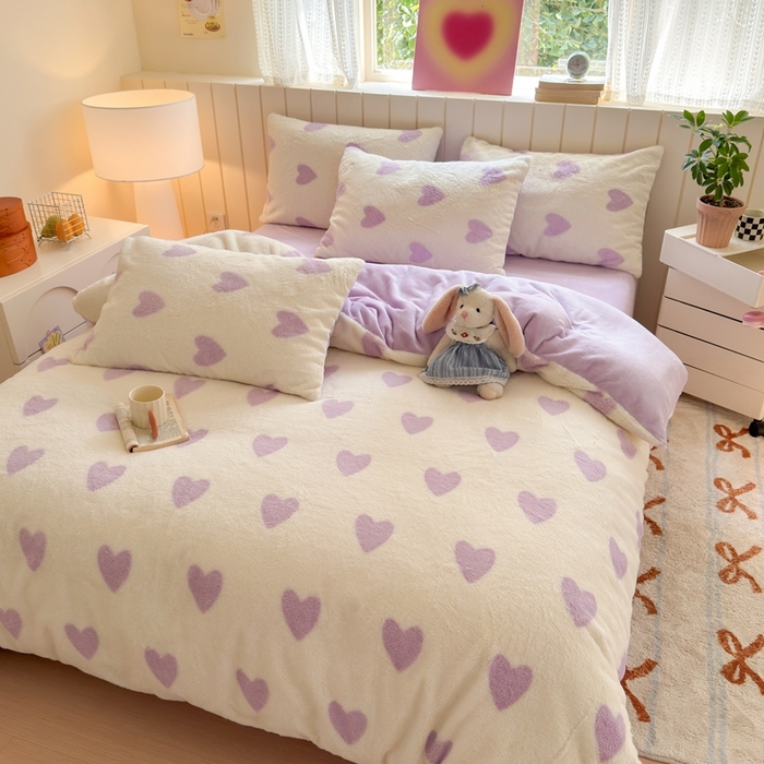 91家纺网 家纺一手货源 找家纺 十里居 2025新款lns爱心系列兔毛牛奶绒四件套 爱心系列 爱心-紫