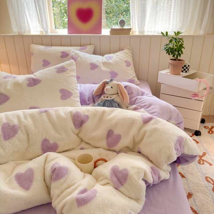 91家纺网 家纺一手货源 找家纺 十里居 2025新款lns爱心系列兔毛牛奶绒四件套 爱心系列 爱心-紫