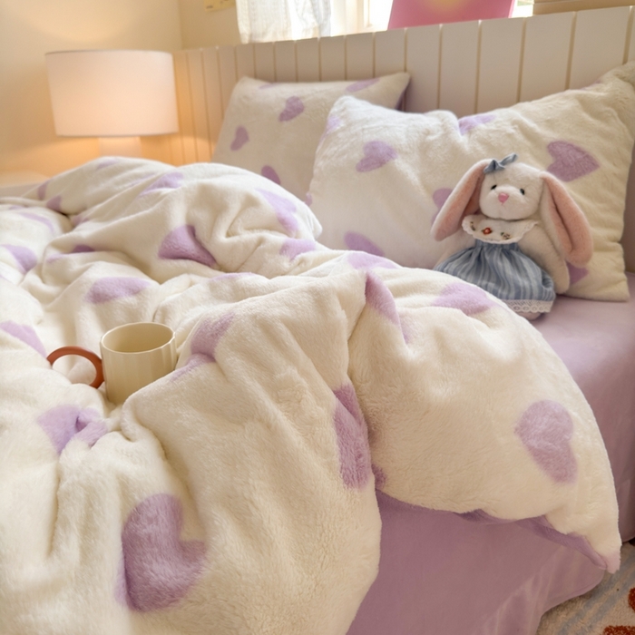 91家纺网 家纺一手货源 找家纺 十里居 2025新款lns爱心系列兔毛牛奶绒四件套 爱心系列 爱心-紫