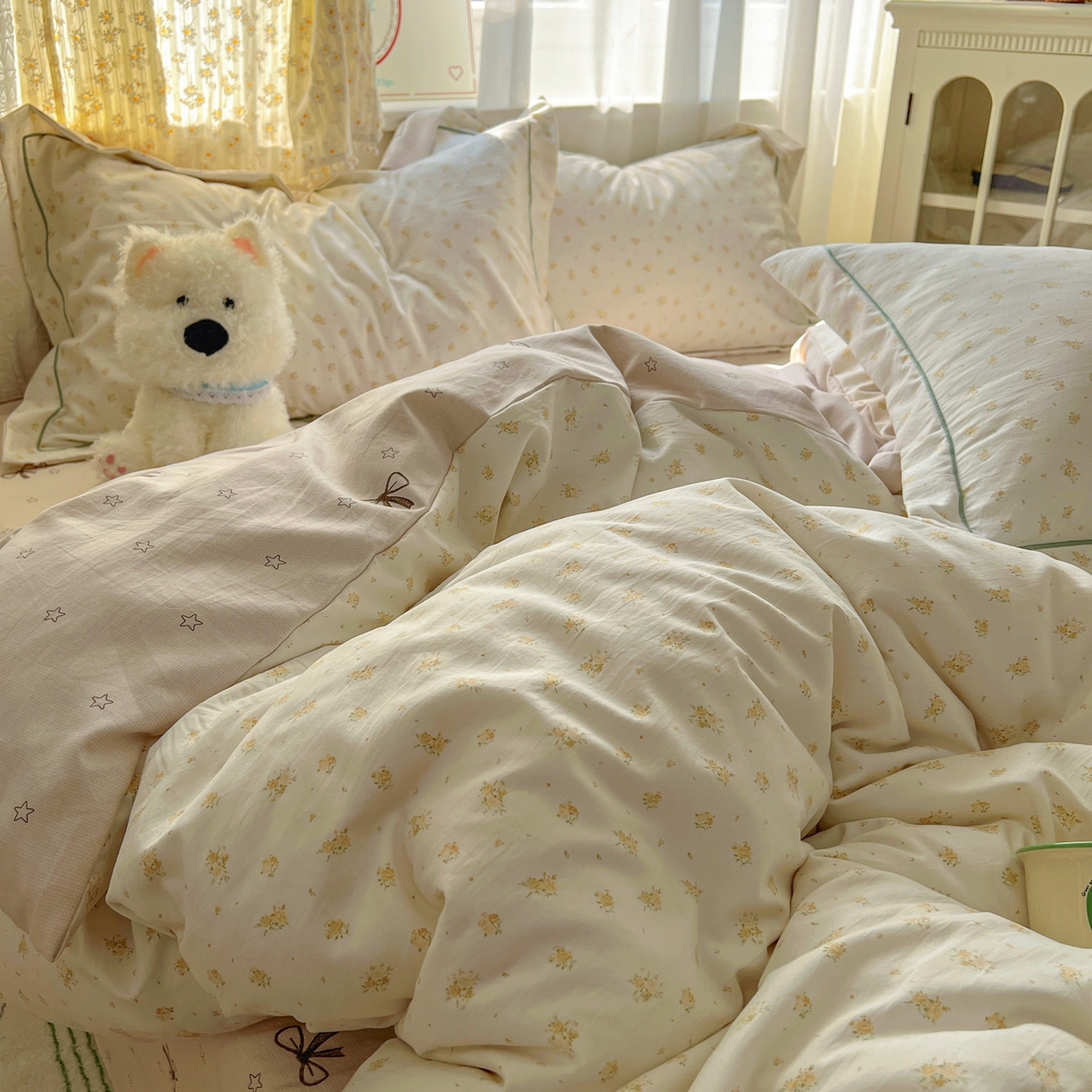 91家纺网 家纺一手货源 找家纺 亨通家纺 2025新款爆款韩国小布袋古法水洗棉云感棉四件套【提供买家秀】 花田与夏-驼