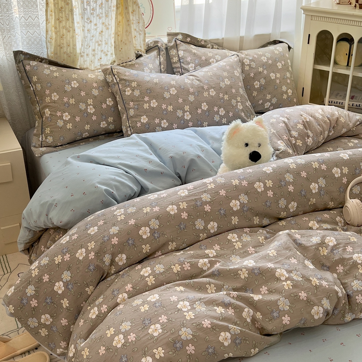 91家纺网 家纺一手货源 找家纺 亨通家纺 2025新款爆款韩国小布袋古法水洗棉云感棉四件套【提供买家秀】 花田玉暖