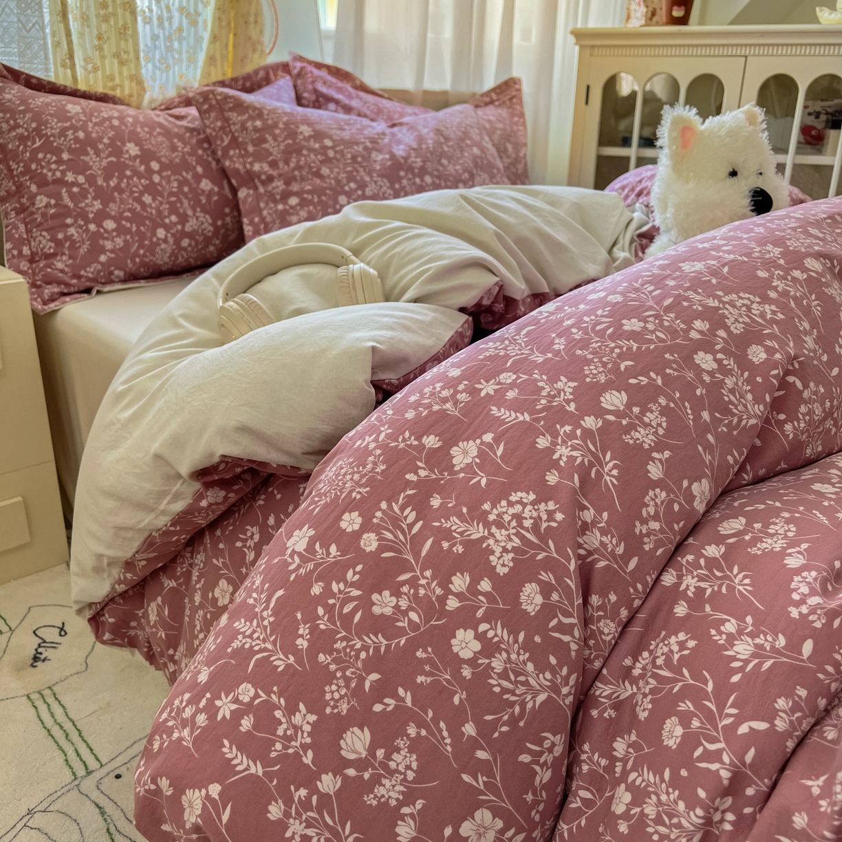 亨通家纺 2025新款爆款韩国小布袋古法水洗棉云感棉四件套【提供买家秀】 花叶影-豆沙