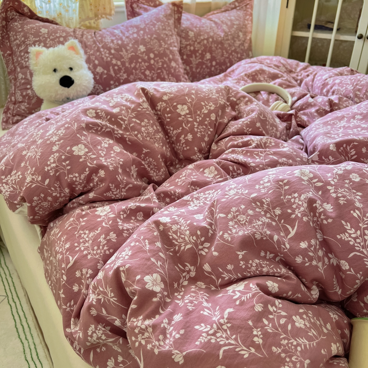 91家纺网 家纺一手货源 找家纺 亨通家纺 2025新款爆款韩国小布袋古法水洗棉云感棉四件套【提供买家秀】 花叶影-豆沙